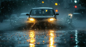 Chiếc xe từ từ tiến về phía trước trong cơn mưa xối xả.